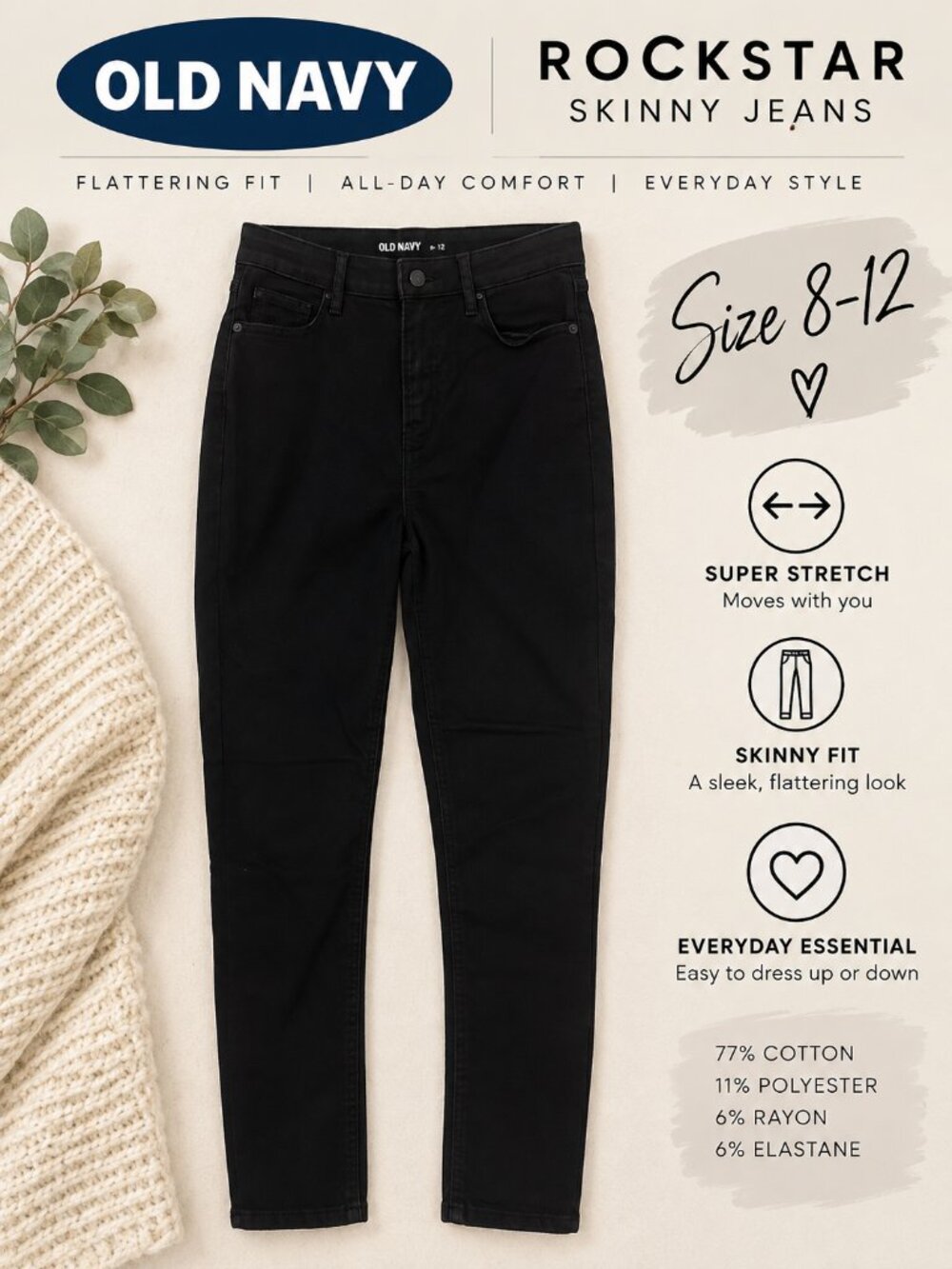 Old Navy Rockstar Black Skinny Jeans Size 8-12 Short Stretch
